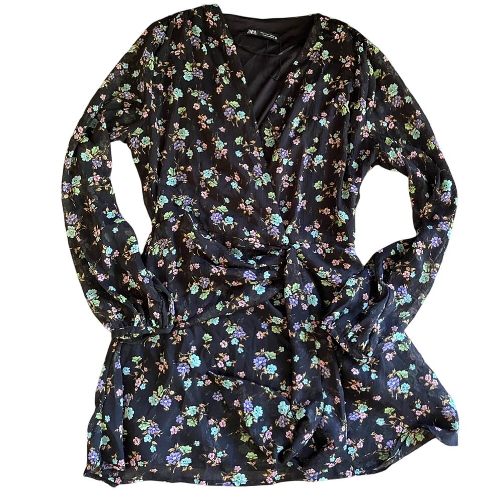 Zara Floral Long Sleeve Wrap Dress Size Small